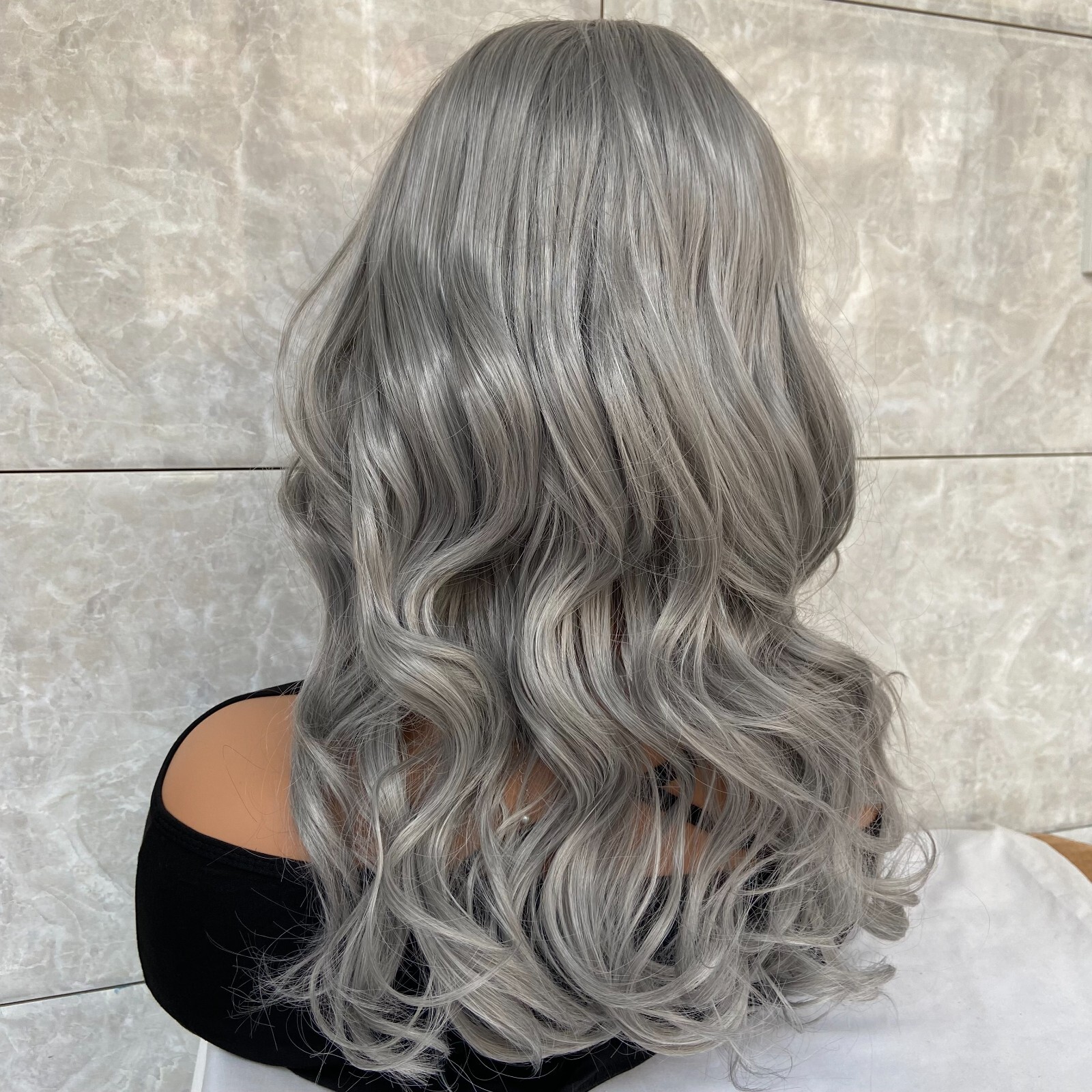 Long Wavy Soft Human Hair Blend Heat Ok Wigs Women Grandma Gray Natural
