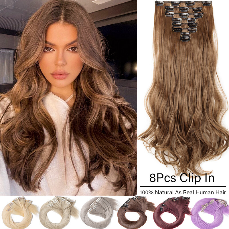 Invisible Weft 8Pcs Clip In Real As Human Hair Extension Full Head Wavy Straight