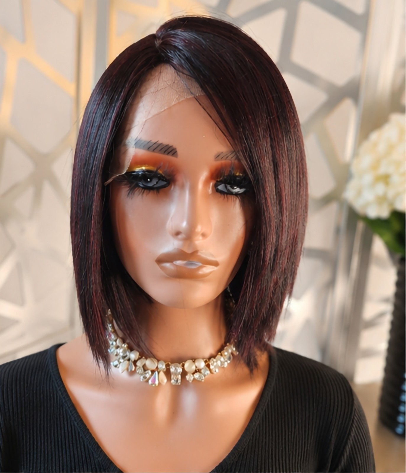 Burgundy Straight Wig Lace Front Human Hair Blend Short Brown Wig Glueless 99J