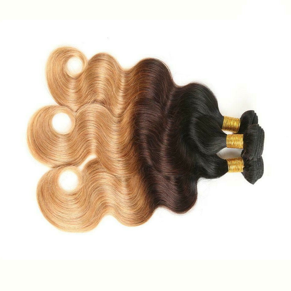 12A BRAZILIAN VIRGIN HUMAN HAIR 1B#/4#/27# 3TONES OMBRE 16+18+20INCH BODY WAVES