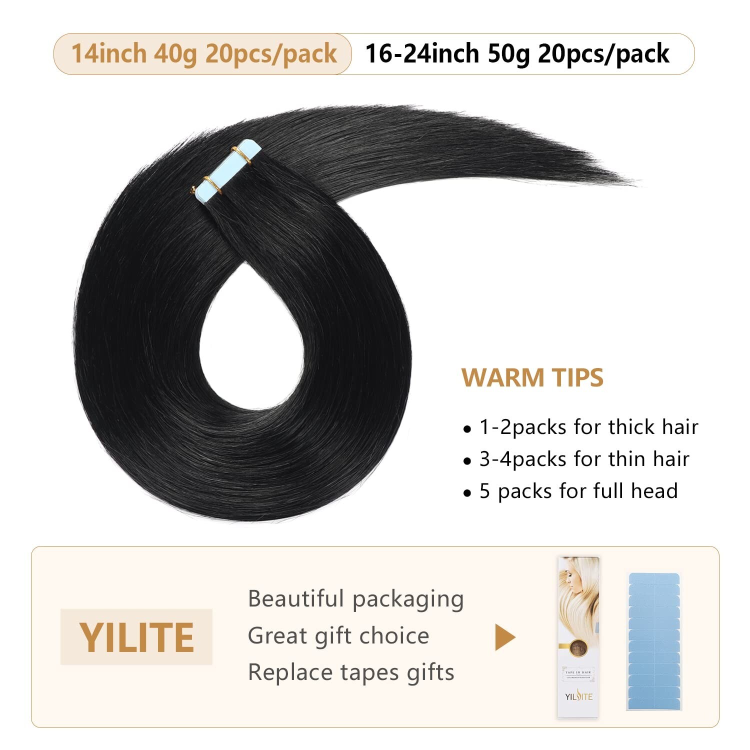 YILITE Tape in Hair Extensions Human Hair Jet Black #1 20 inches 20pcs 50g/pa…