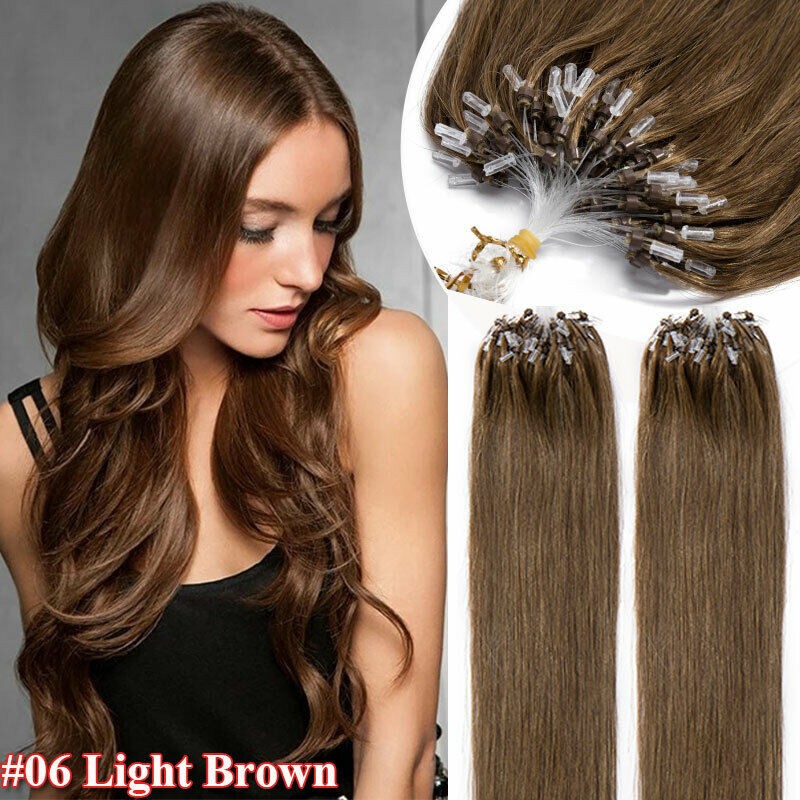 Micro Ring Loop Beads Hair Extensions 100% Human Hair Straight Colored 16″-26″