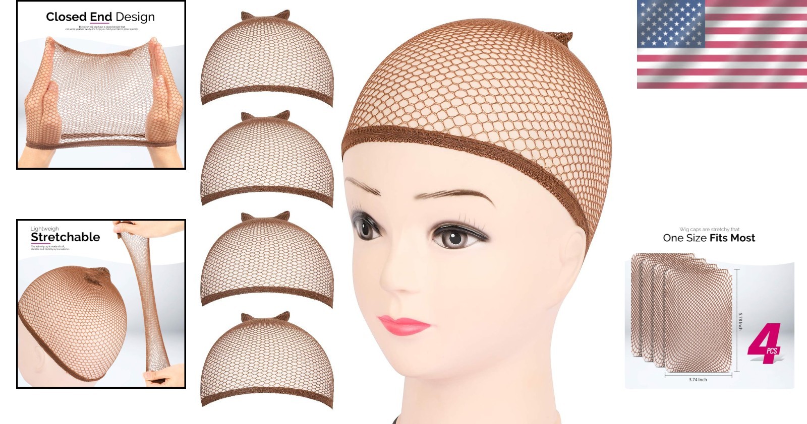 Durable & Natural-Looking 4PCS Wig Caps for Women, Men, Kids – Dark Brown