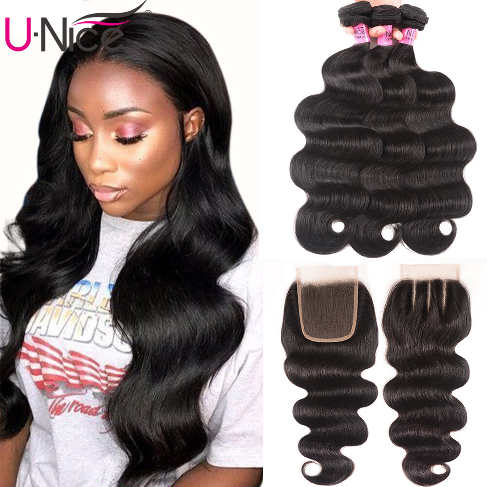 UNice Hair Brazilian Body Wave Human Hair Extensions 3 Bundles with Lace Closure