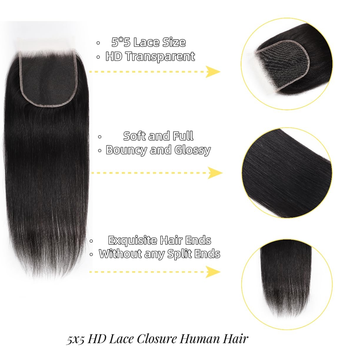 5×5 HD Lace Closure Straight Transparent HD Lace Closure 12A Brazilian Virgin Hu