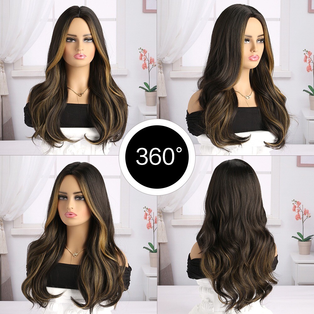 24″ Long Brown to Gold Ombre Wavy Wig for Women Heat Resistant Synthetic Cosplay