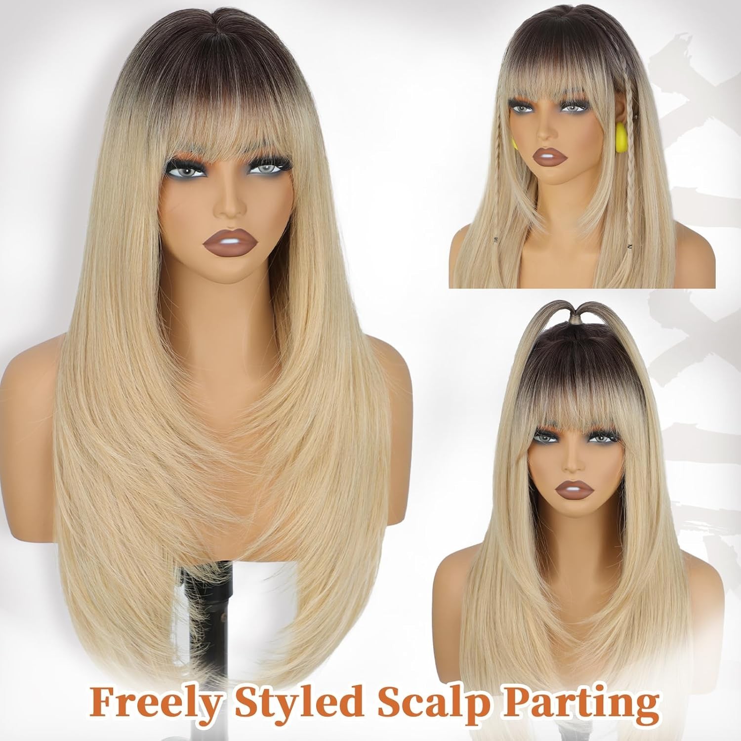Ombre Blonde Wig with Bangs for Women, Long Layered 4×4 Realistic Scalp, Free Pa