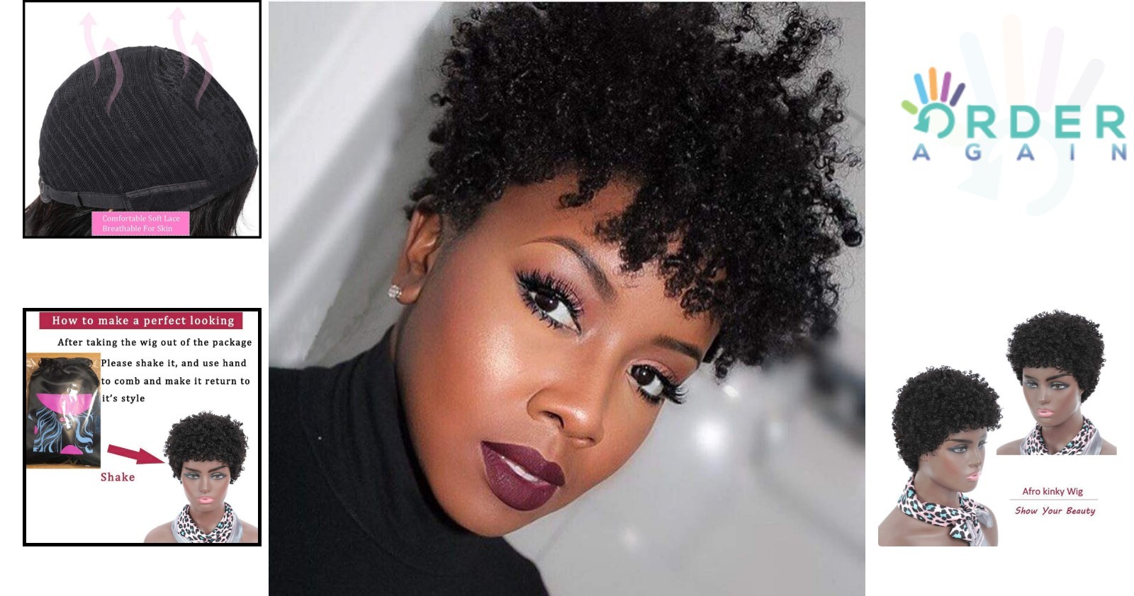 Kinky Human Hair Wig Short Afro Curly Black Women 150% Density Natural