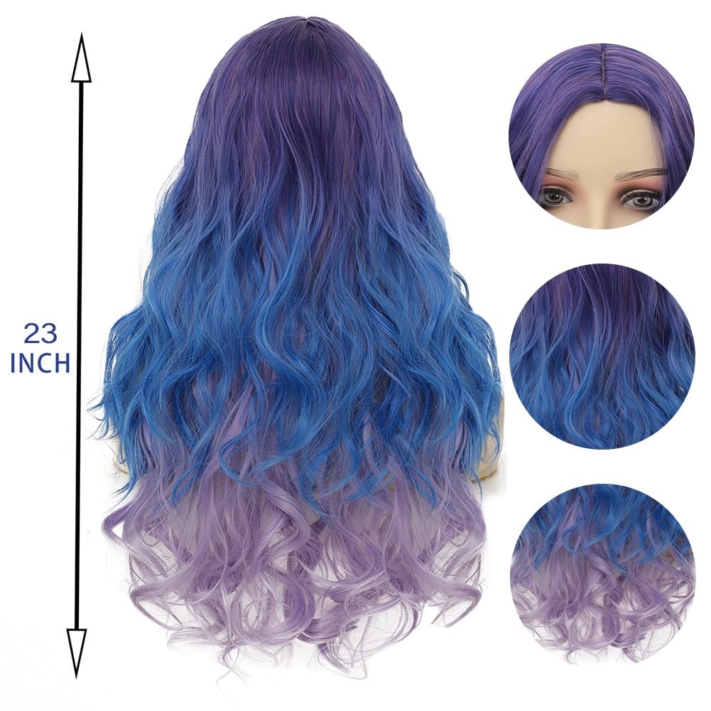 Blue and Purple Curly Women Wigs Long Wave Middle Part Synthetic Wig for Hall…