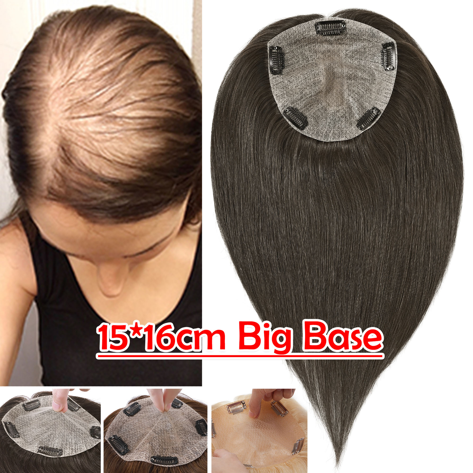 Top Topper Clip in Hairpiece 100% Real Remy Human Hair Toupee Silk Mono Base Wig