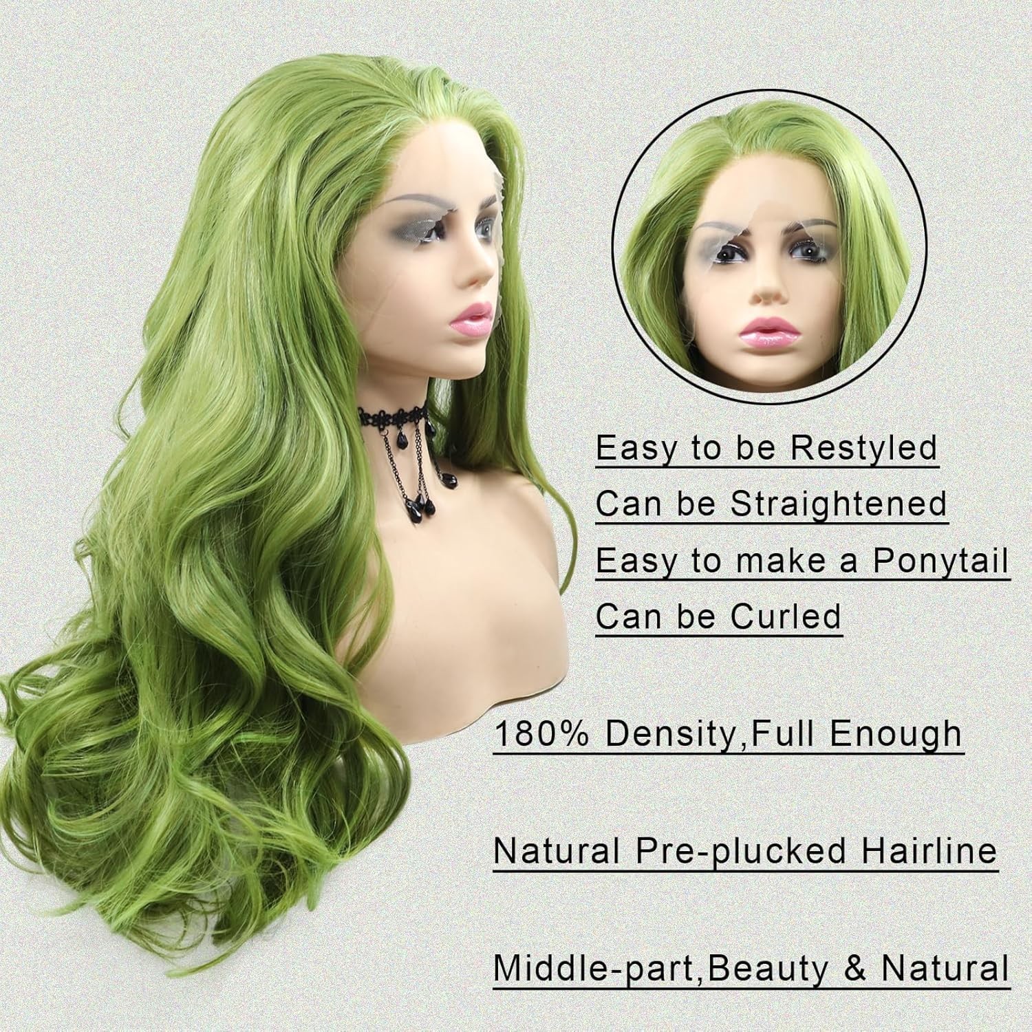 Matcha Green Wig Long Bouncy Wave Olive Green Synthetic Lace Front Wigs Pre P…