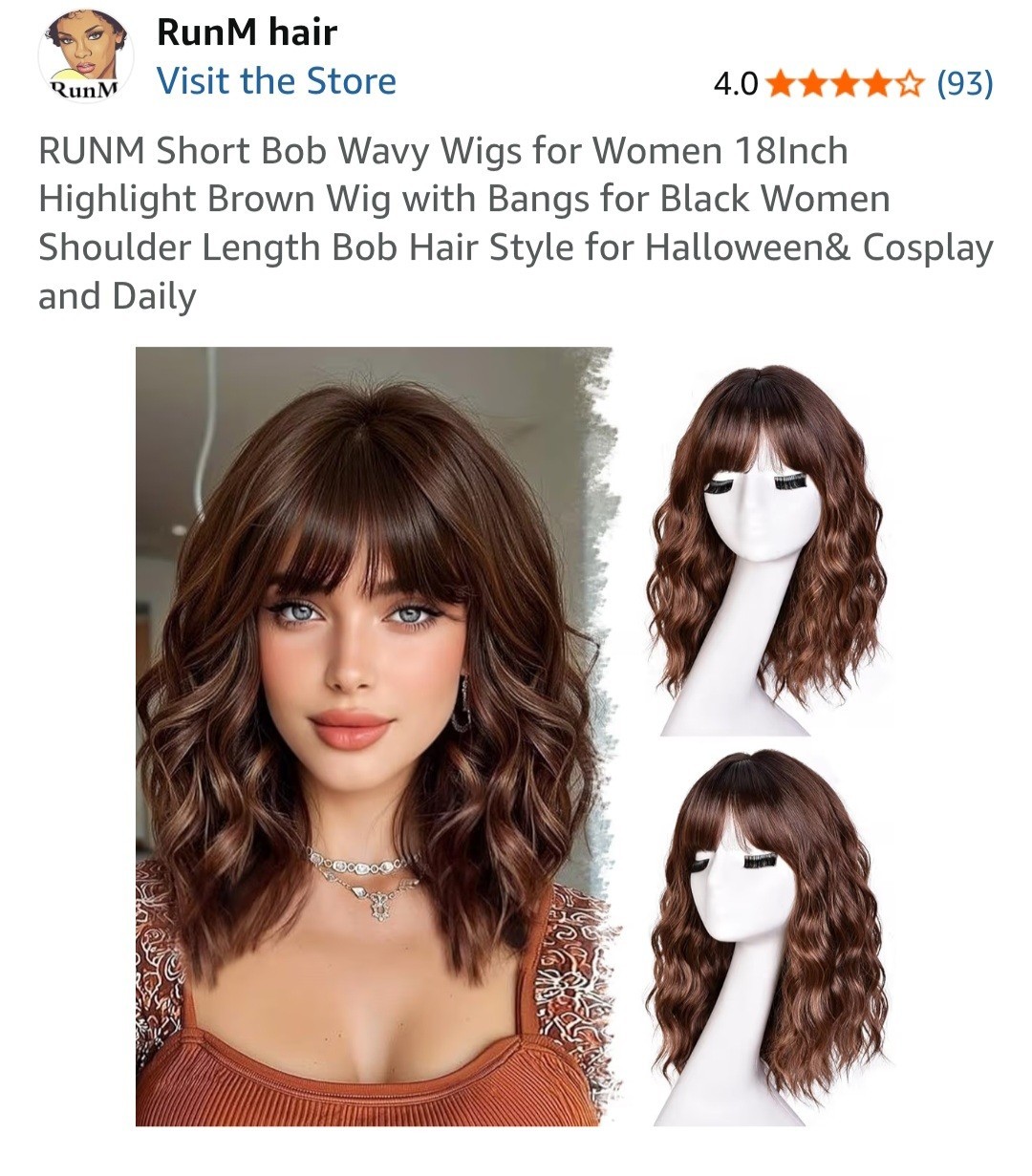 RunM Hair 16in Highlight Brown Wavy Bob Wig w/ Bangs, Wig Cap Simulation Scalp