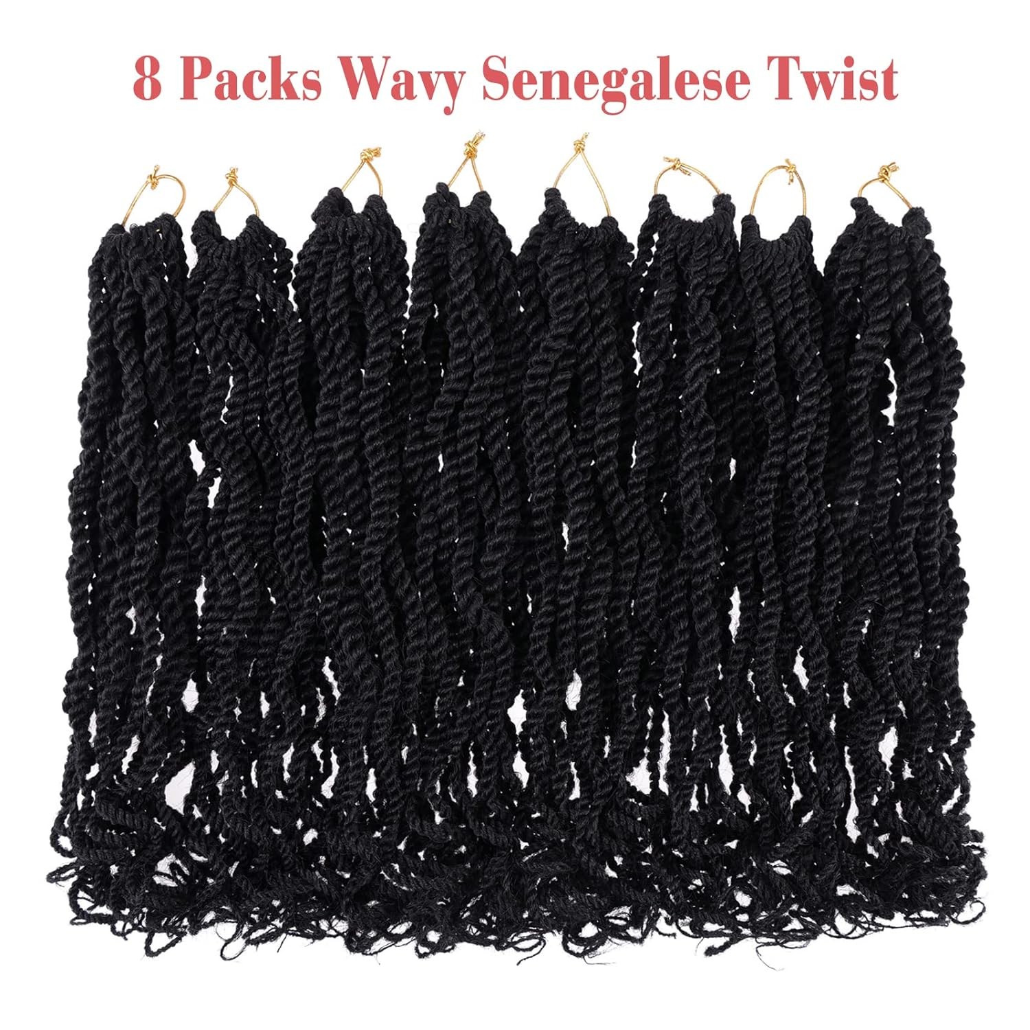 Leeven 8 Packs Wavy Senegalese Twist Crochet Hair with Curly Ends, 8 Inch Black
