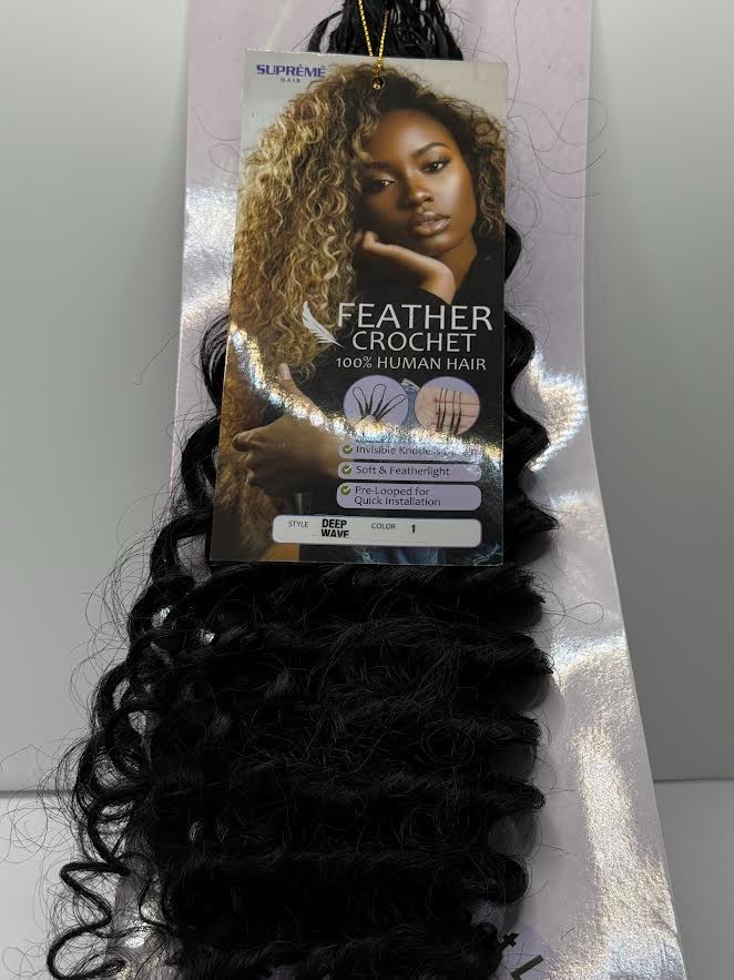 18″ 120g Human Hair Deep Curly Feather Crochet Natural Black Pre-Looped