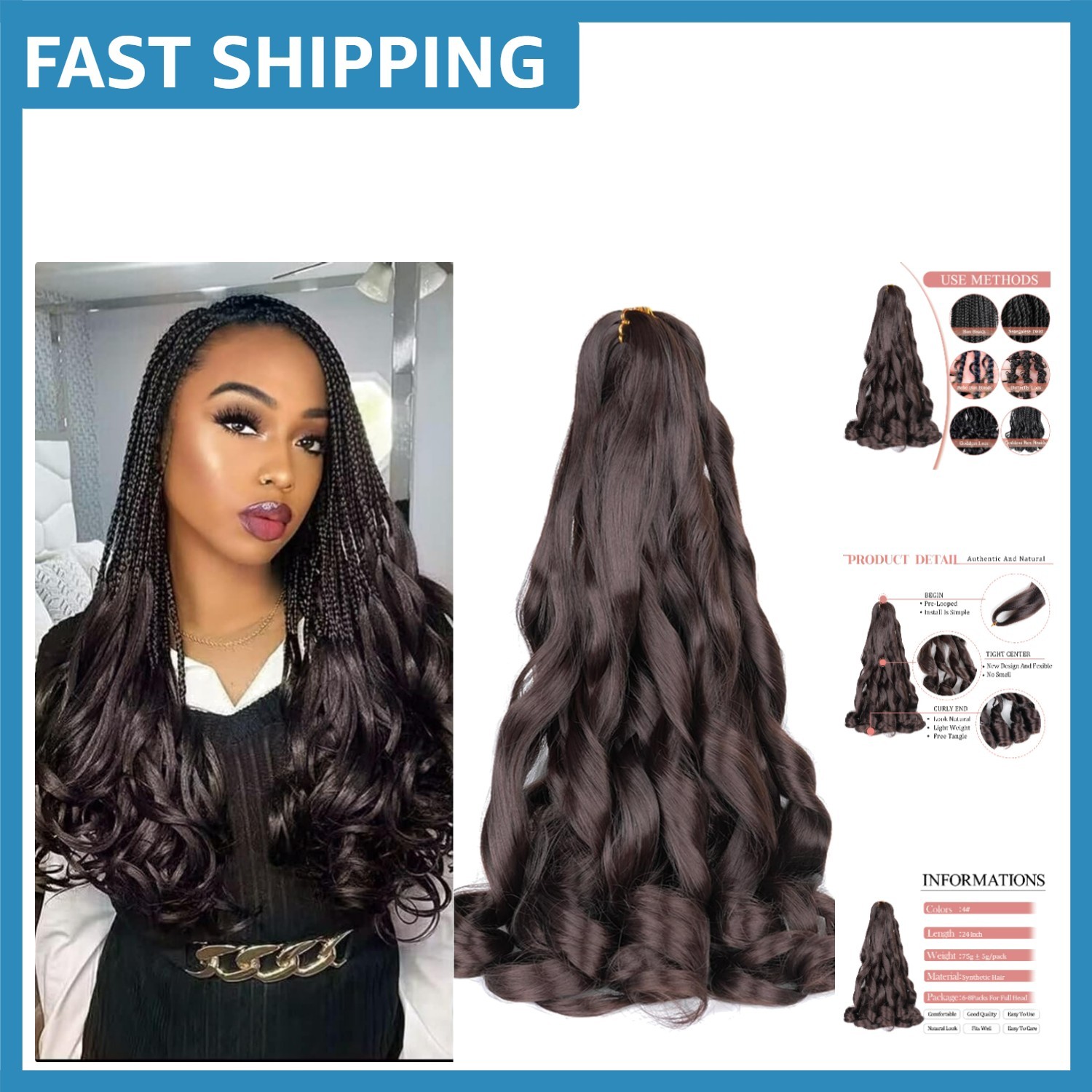 Curly 24-Inch Braiding Hair Extensions – 2 Packs of Tangle-Free French Curl Hair
