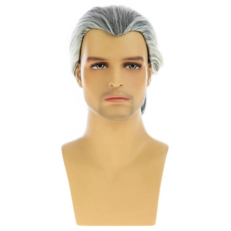 Men’s Curly Hair Full Wig Med-Length Black Grey Men’s Synthetic Wigs+Wig Cap
