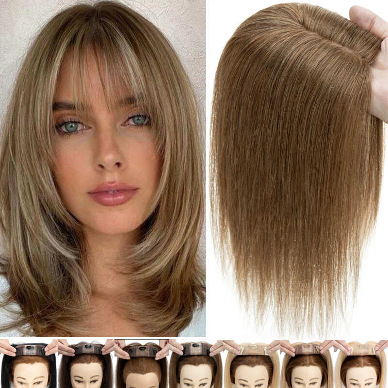 Silk Base Topper Hairpiece Clip In Remy Human Hair Wiglet Toupee Wig Mixed Bangs