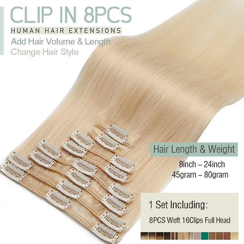 CLEARANCE Clip In Extensions 100% Remy Real Human Hair Full Head 8Pieces 18Clips