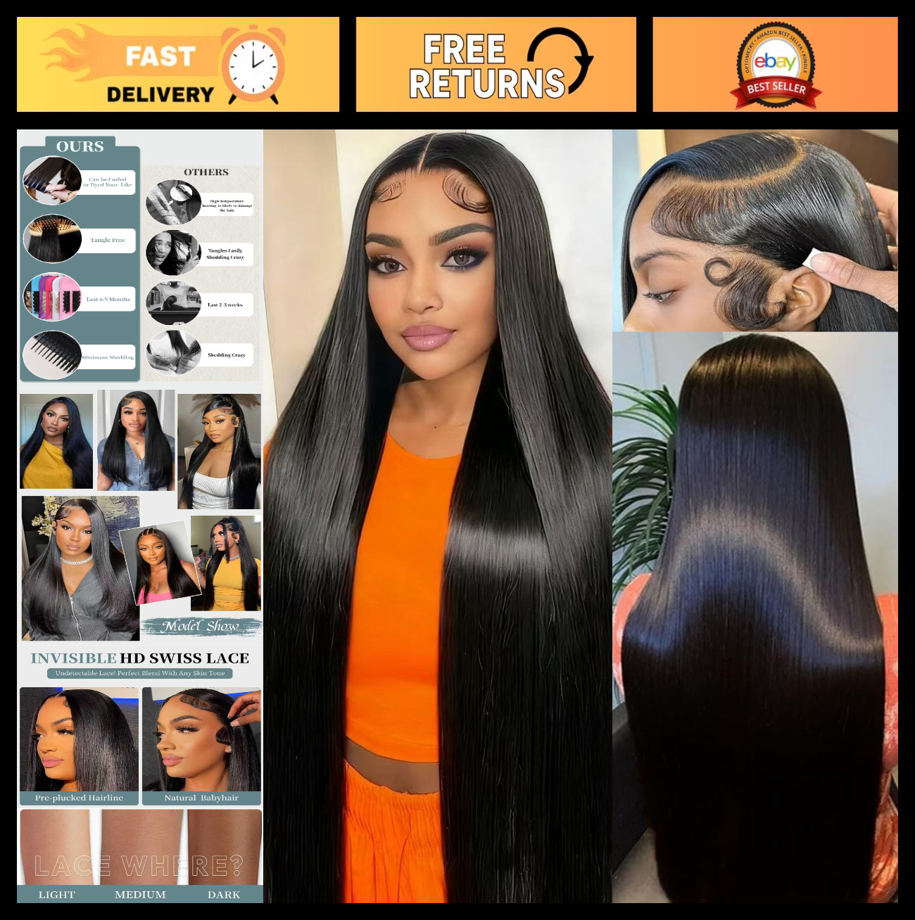 30″ Straight Human Hair Wig 13×6 HD Lace Front, 200 Density, Tangle-Free, Natura