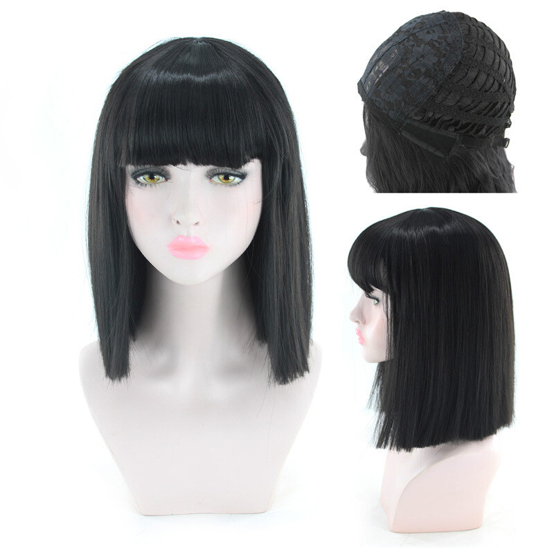 Black Bob Wigs with Bangs Straight Blunt Cut Shoulder Length Short Wig for Women