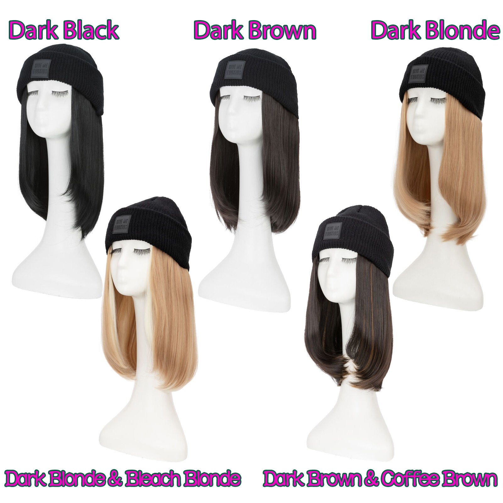 Winter Warm Knit Beanie Hat with Long Wavy Straight Synthetic Hair Wig for Woman