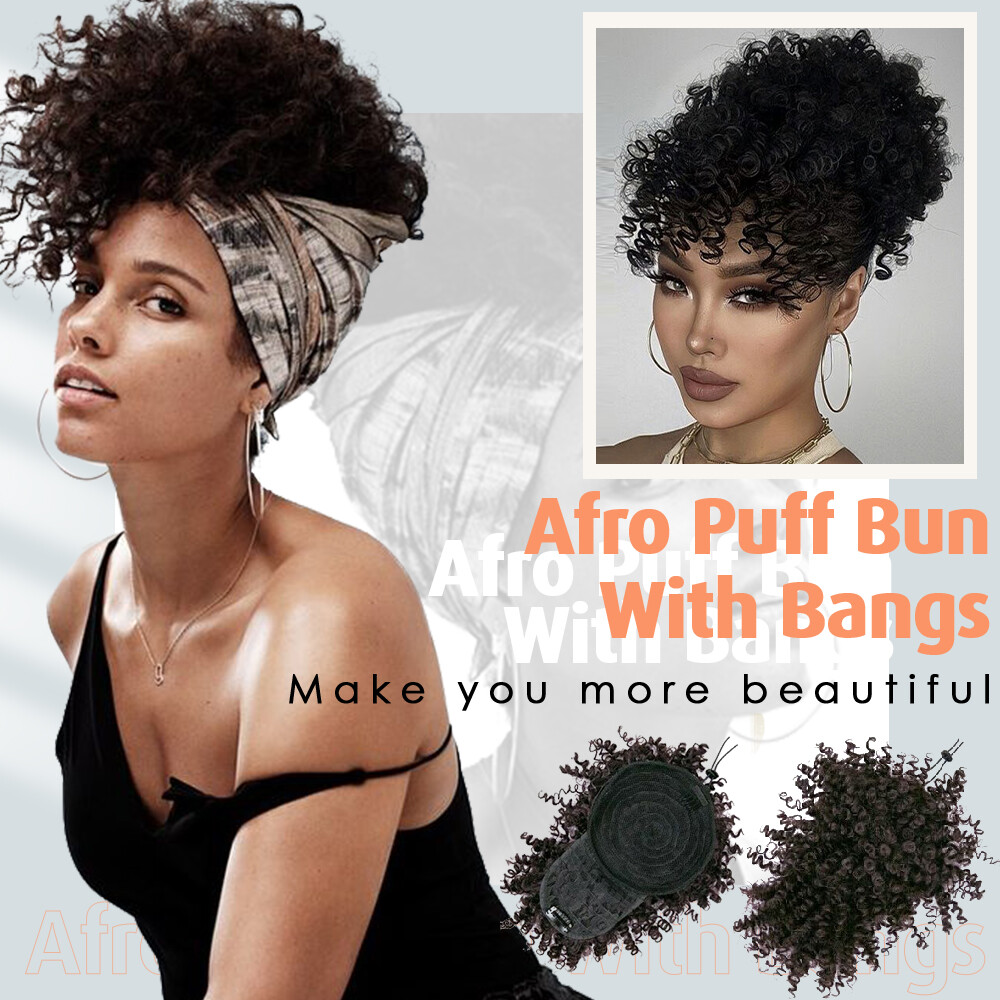 Afro Kinky Curly As Human Hair Clip In Short Ponytail Bun + Bangs Black Women US