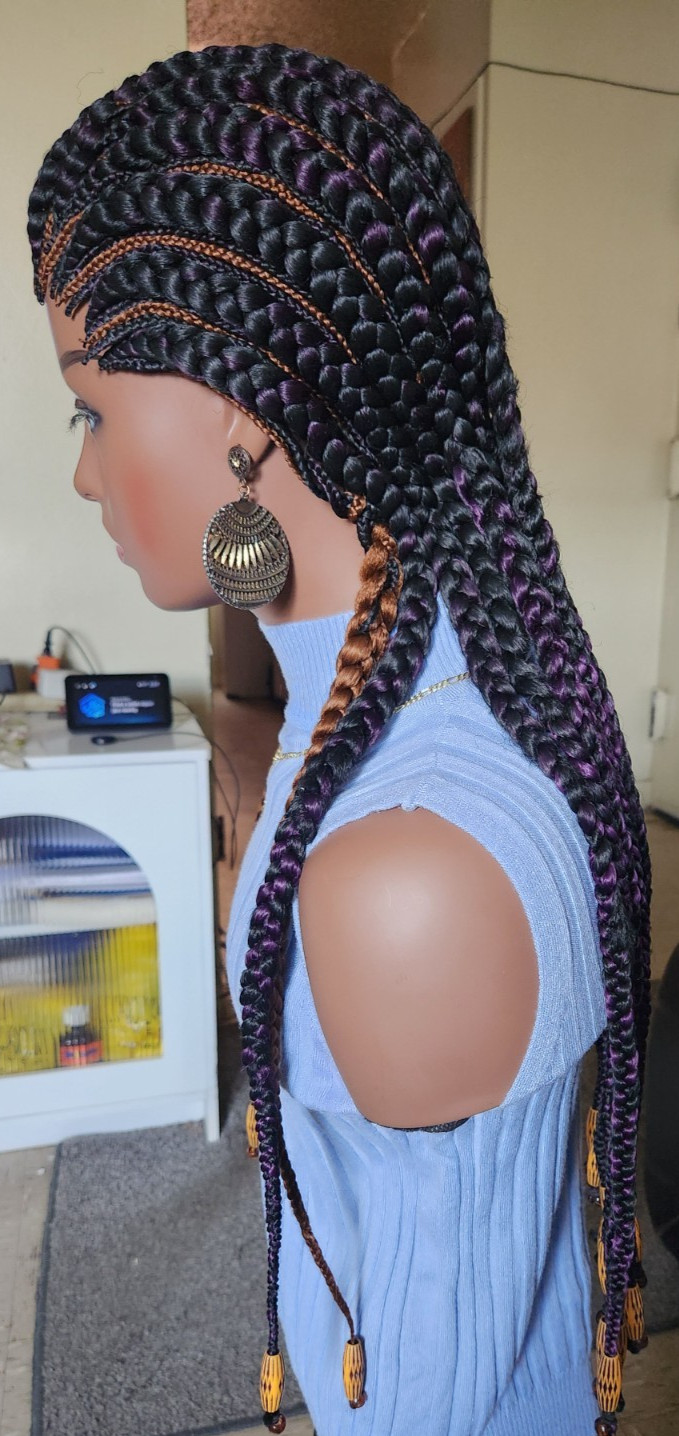 handmade Ghana banana cornrows wig All back down 1B mix dark purple/Dark brown