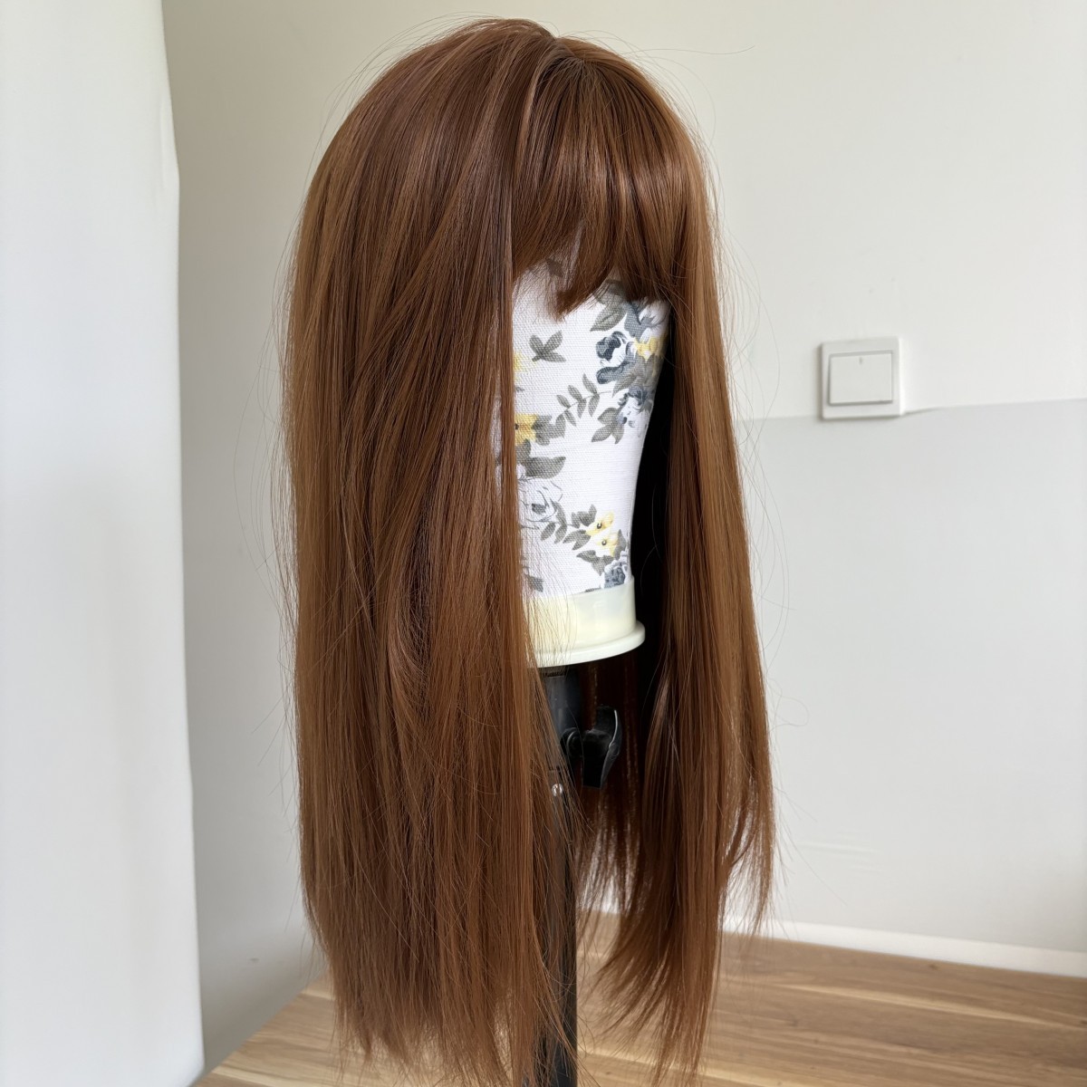 Women Auburn Long Straight Cosplay Wigs With Bangs Synthetic Hair