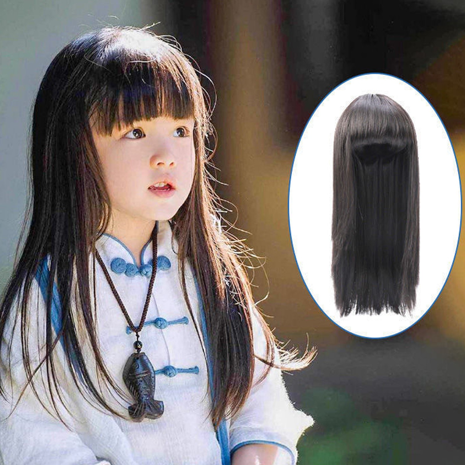 Children Wig Black Straight Hair Replacement For 3-8 Years Old Girls