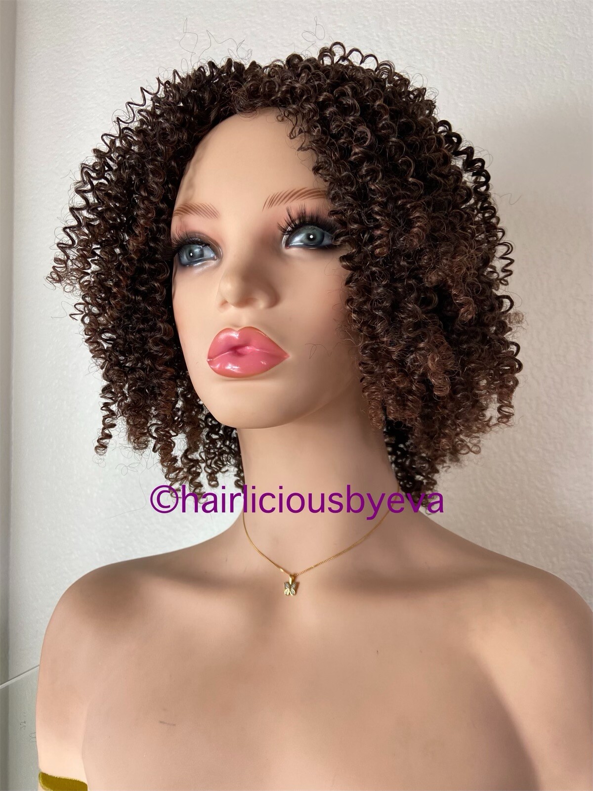 African American Wig Kinky Curly Afro Wig Golden Brown Middle Part Heat Ok Short