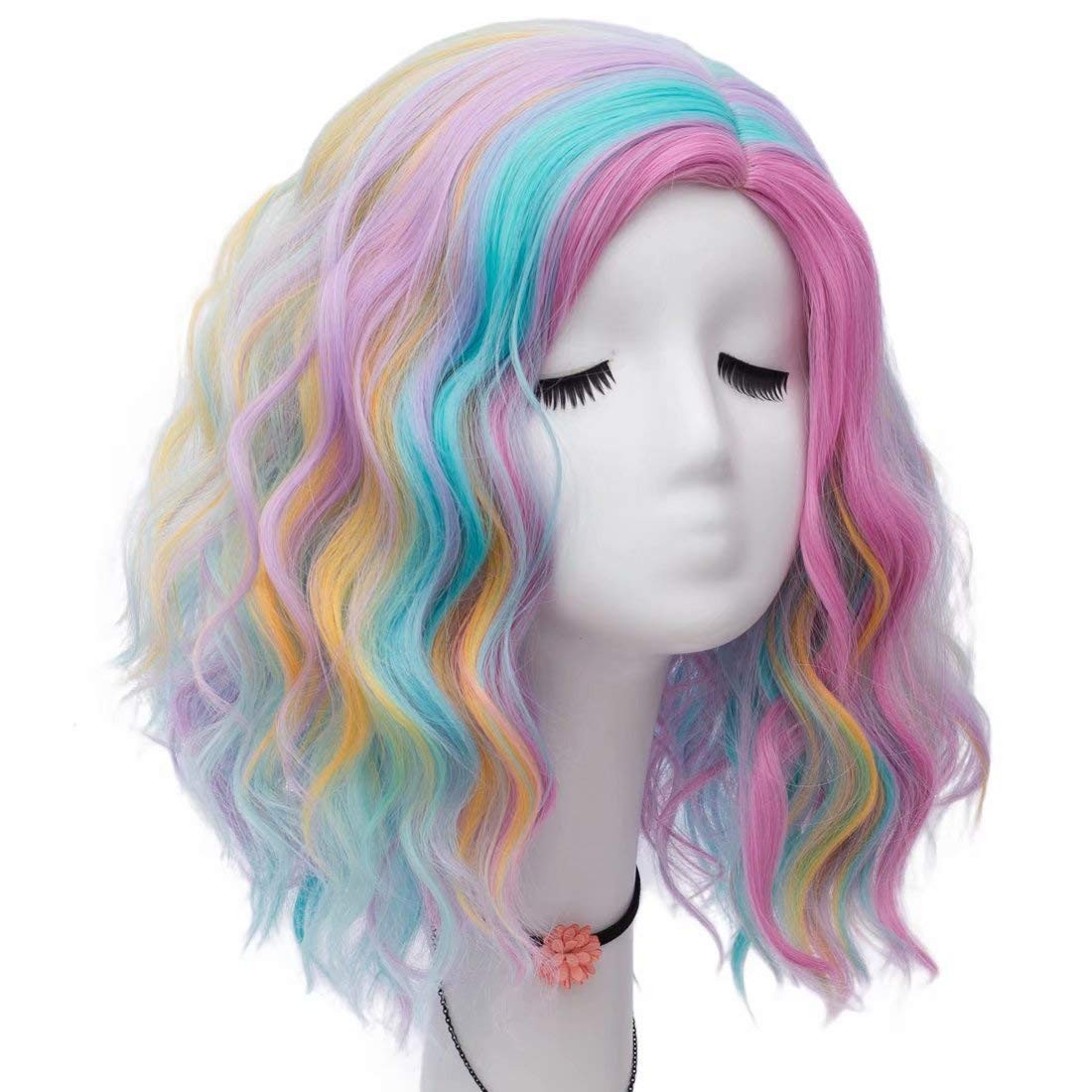 Women 16 Inches Curly Wavy Colorful Rainbow Fashion Anime Party Cosplay Wigs …