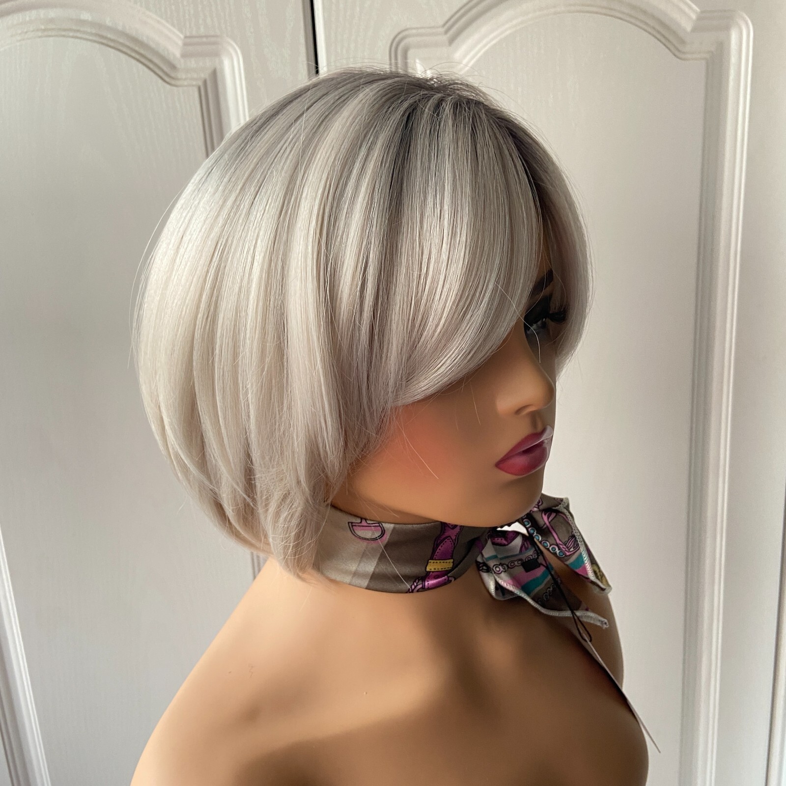 Short Bob Hairstyle Rooted Silver Gray Mix Synthetic Hair Wigs Women Soft