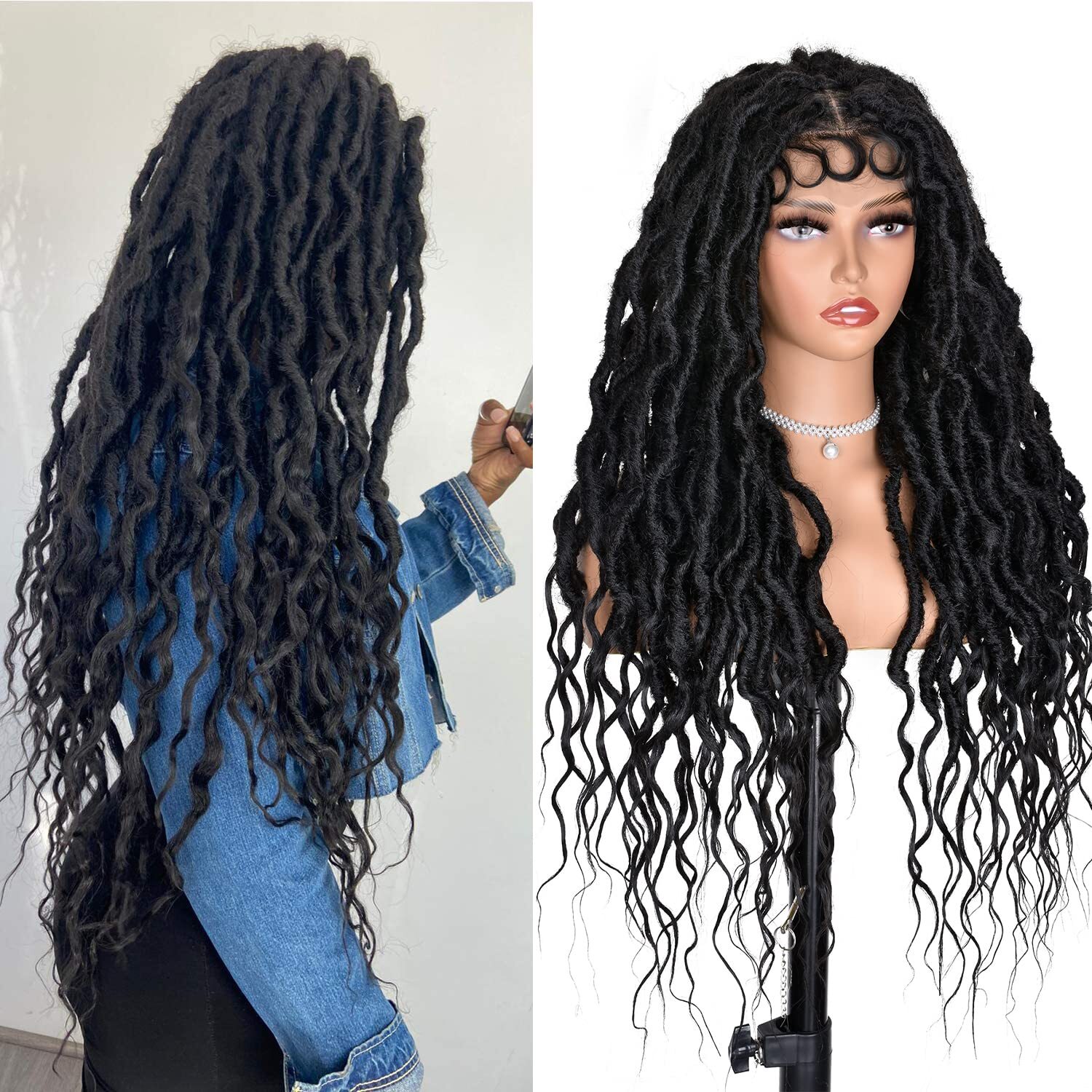 Black Faux Locs Wigs Full Lace Braid Wigs Curly Goddess Faux Locs Crochet Hair