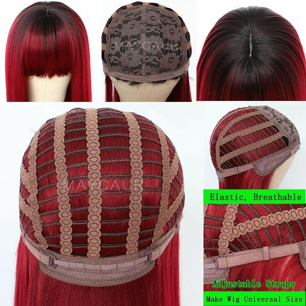 Long Ombre Red Synthetic Hair Wigs Full Bangs Heat Resistant Cosplay Party Wig