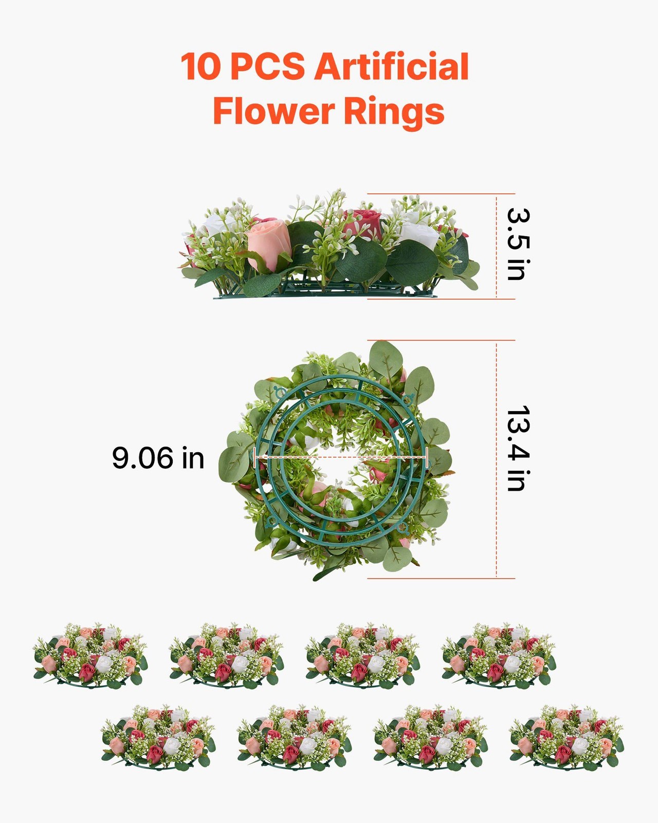 14in Pink & White Faux Rose Wreath, 10PC Floral Arrangement Decor