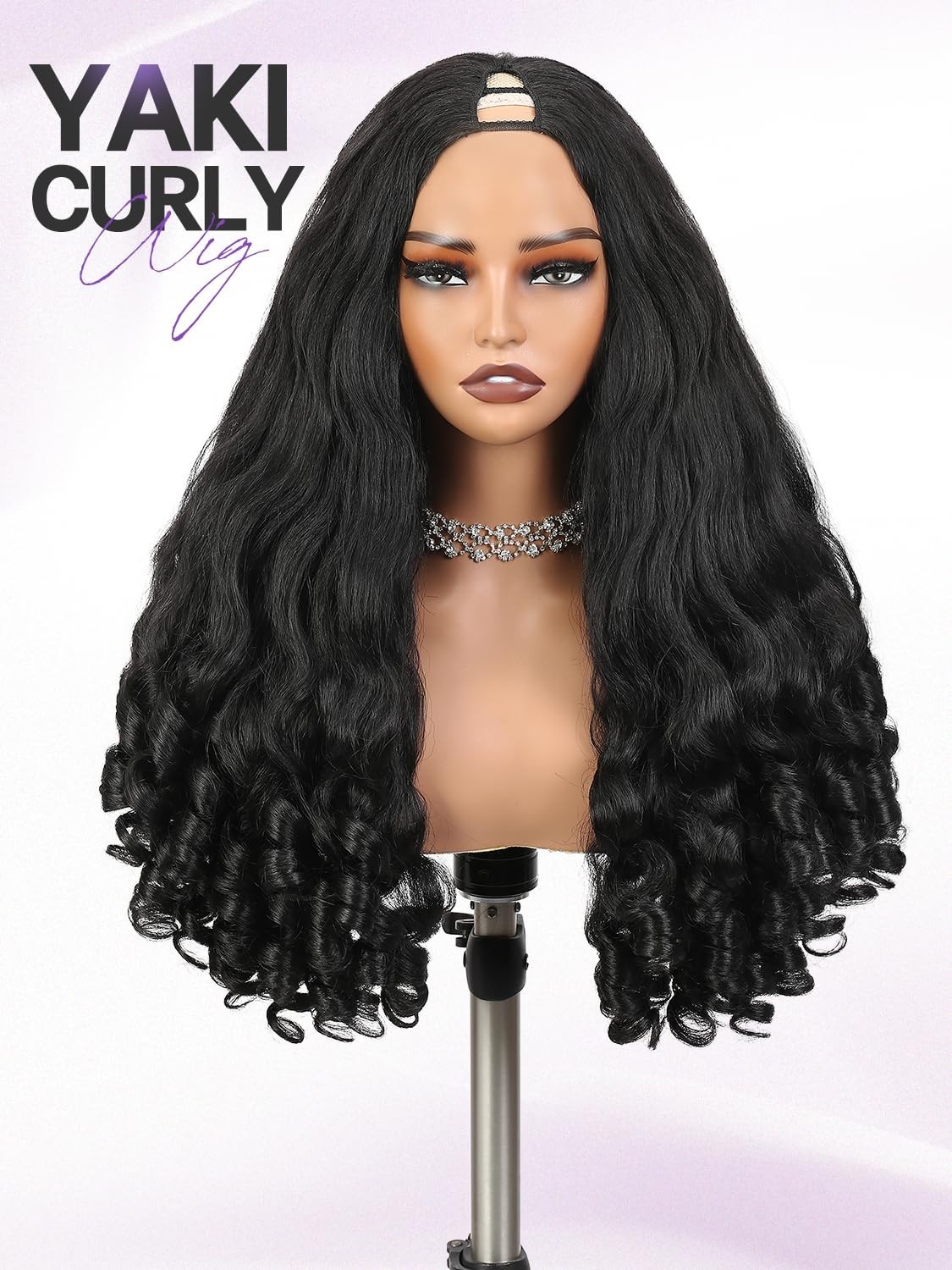 V Part Yaki Curly Wig 22 Inch Glueless Synthetic Half Wig for Black Women