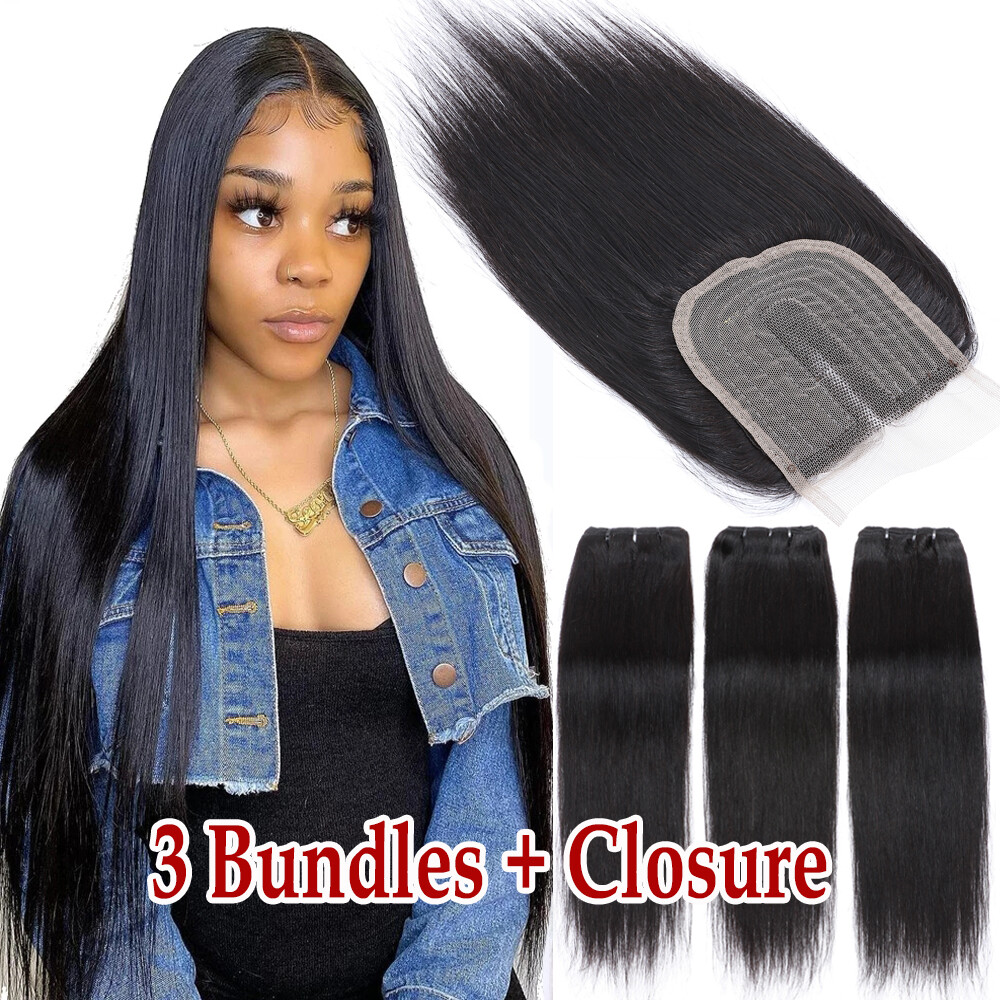 9A 3 Bundles With Closure Virgin Human Hair Weave Brazilian Tpart Middle Part US