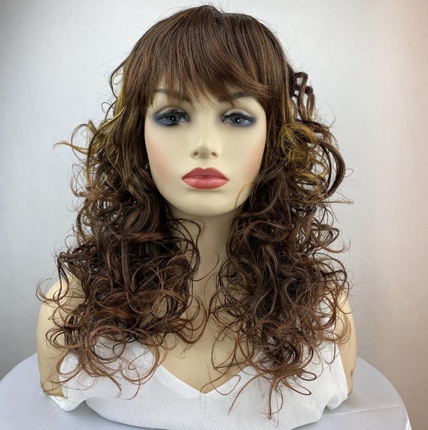 Long Fluffy Curly Brown Highlight Mix Synthetic Hair Wigs Women Party Daily