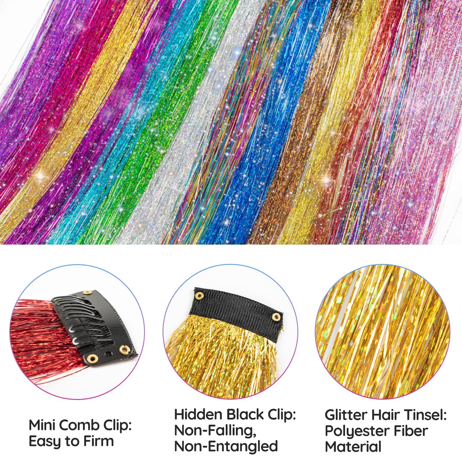 Extensiones de cabello con purpurina y lentejuelas, ideales para usar con clips.