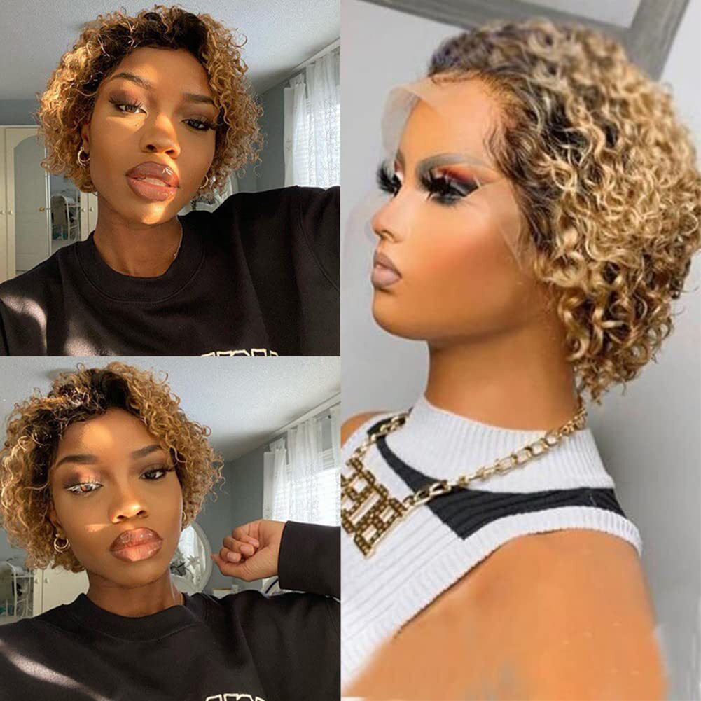 Short Ombre Blonde Curly Human Hair Lace Front Wig Wave Pixie Cut Wigs 13×1 Lace