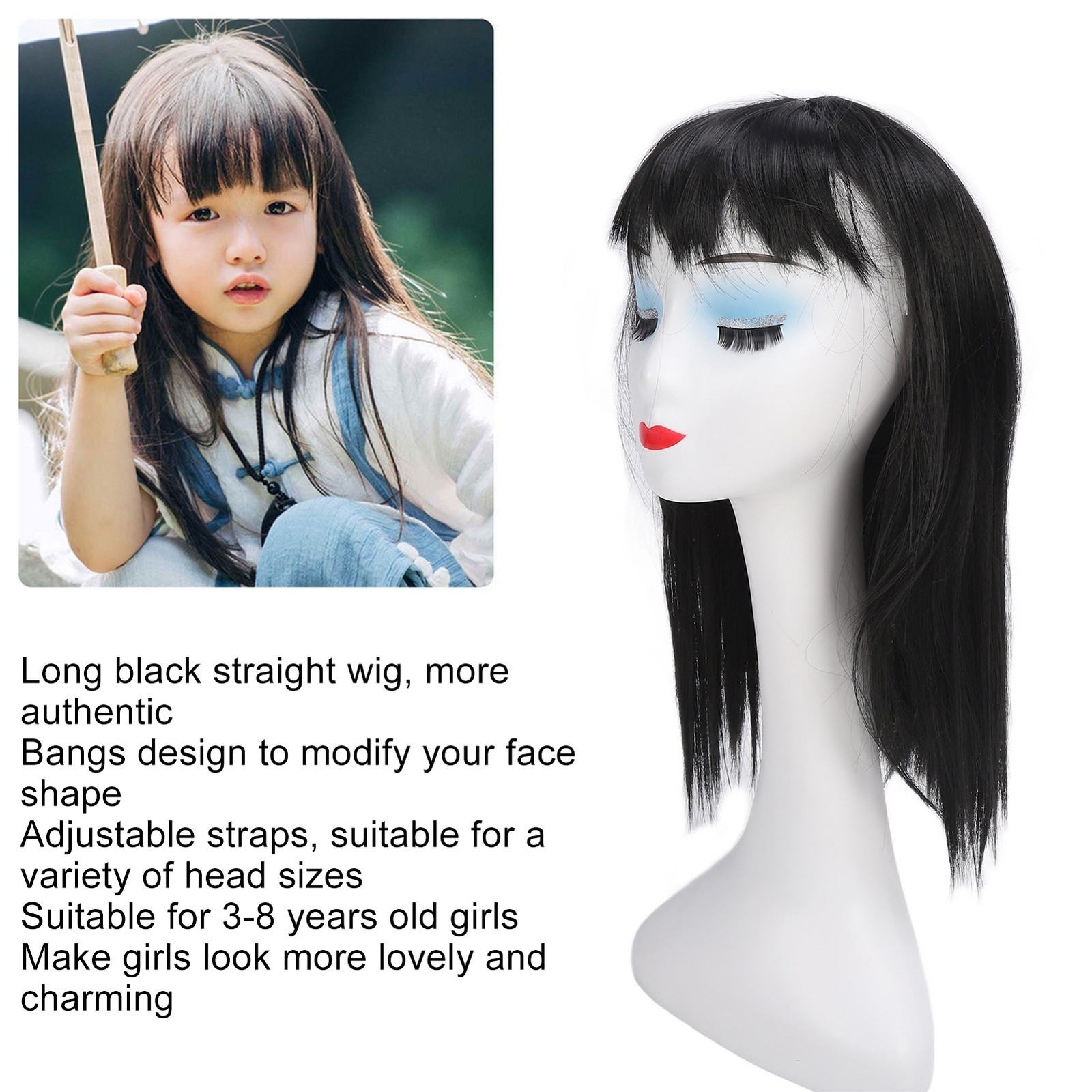 Children Wig Black Straight Hair Replacement For 3-8 Years Old Girls
