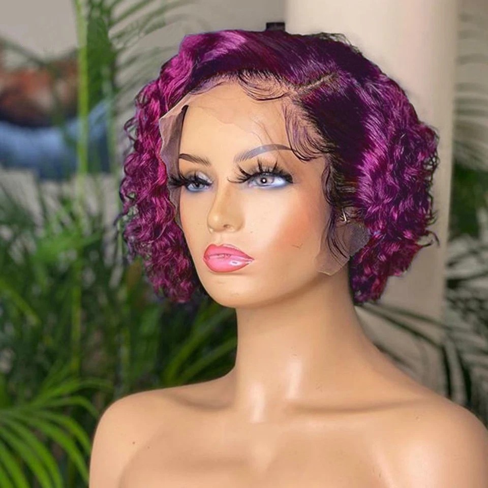 Short Water Wave Bob Human Hair Lace Front Wigs T Part Pixie Wig 8″ Rose Pink