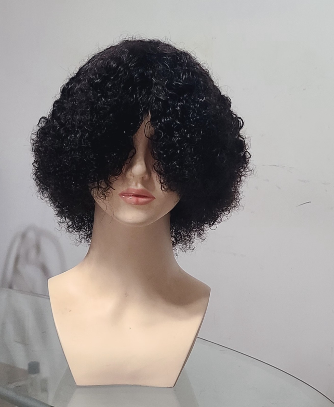 10″Jerry curl,100% human hair Wig with bangs density 200% Natural Color.