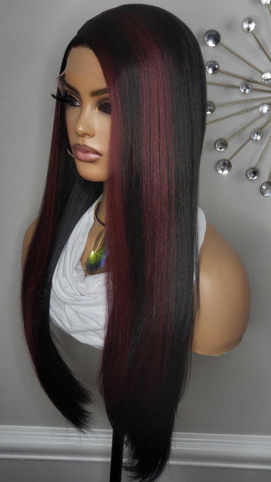New Long Straight Style Burgundy Red Black Highlights Lace Front Wig Womens Hair