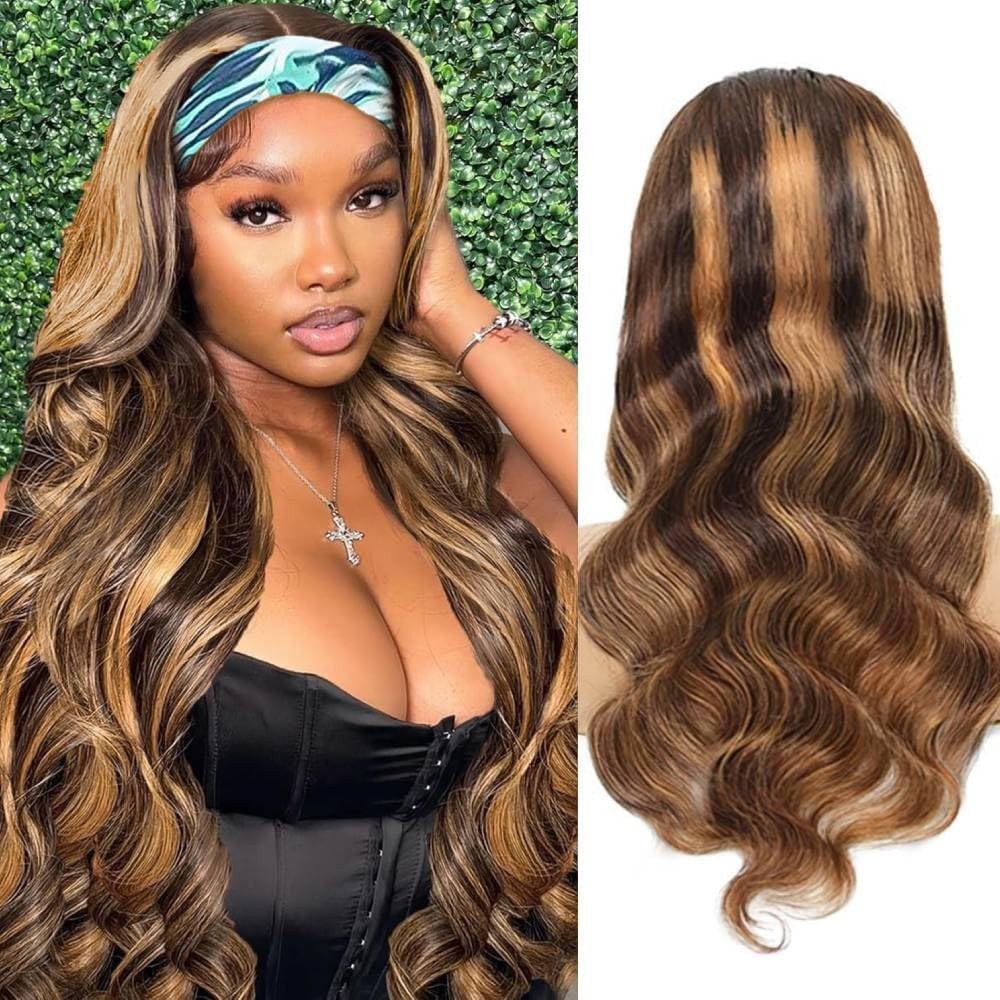 Ombre Headband Wig Human Hair #4/27 Highlight Body Wave Headband Wig 16 Inch