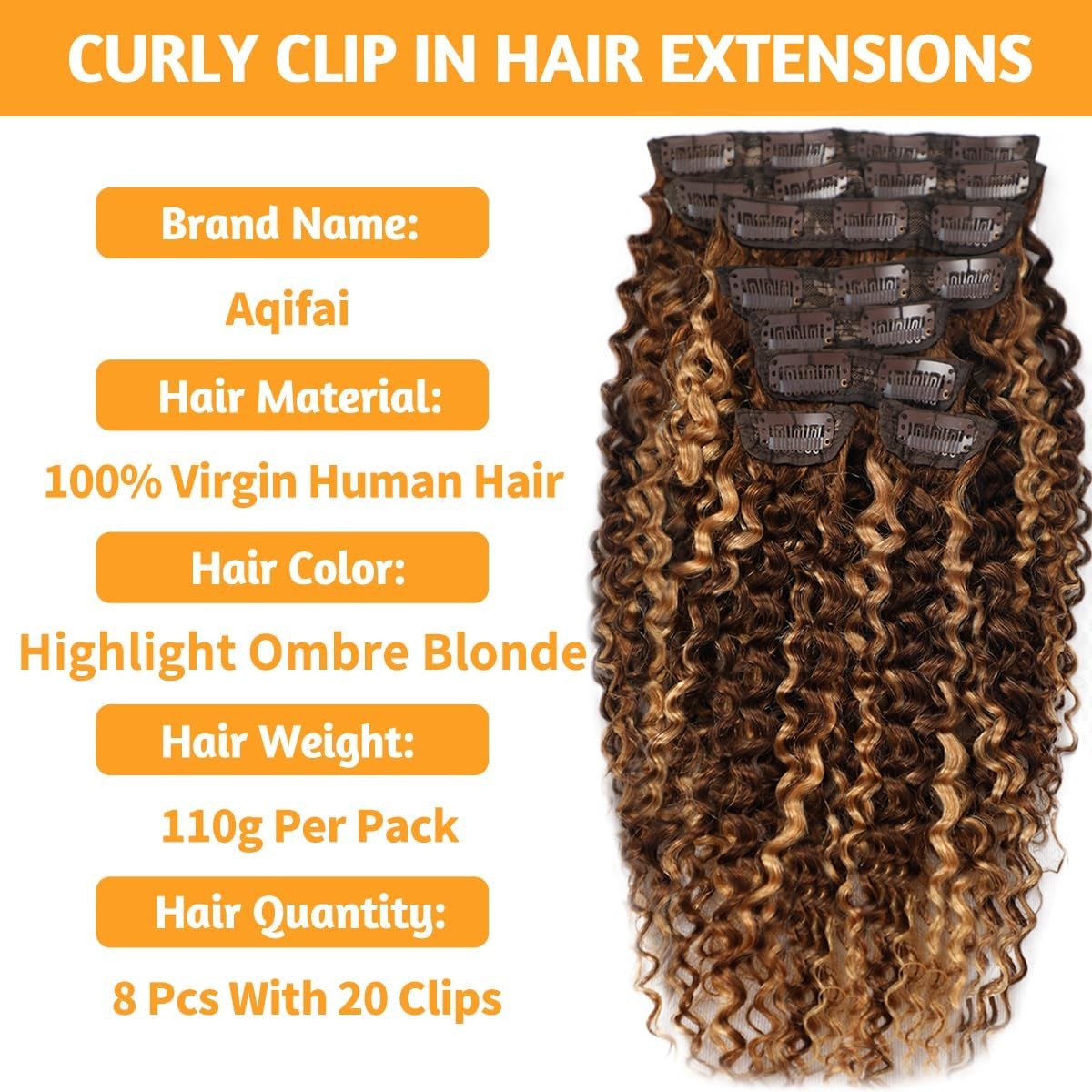 Aqifai Highlight Ombre Honey Blonde 4/27 Kinky Curly Clip Ins 12 Inch 110G 8Pcs