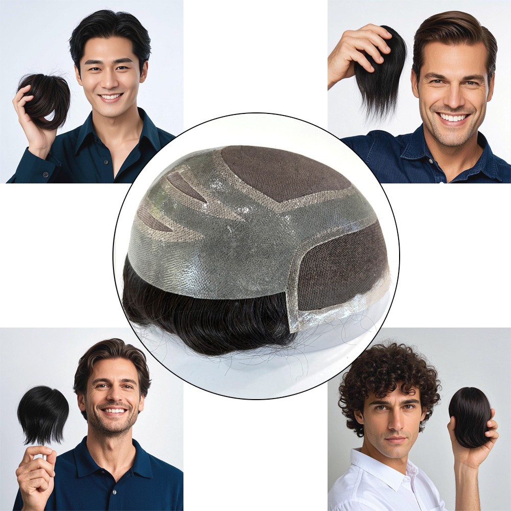 Mens Toupee Poly Skin Hybrid Remy Hair #1B Natural Black Breathable Hair System