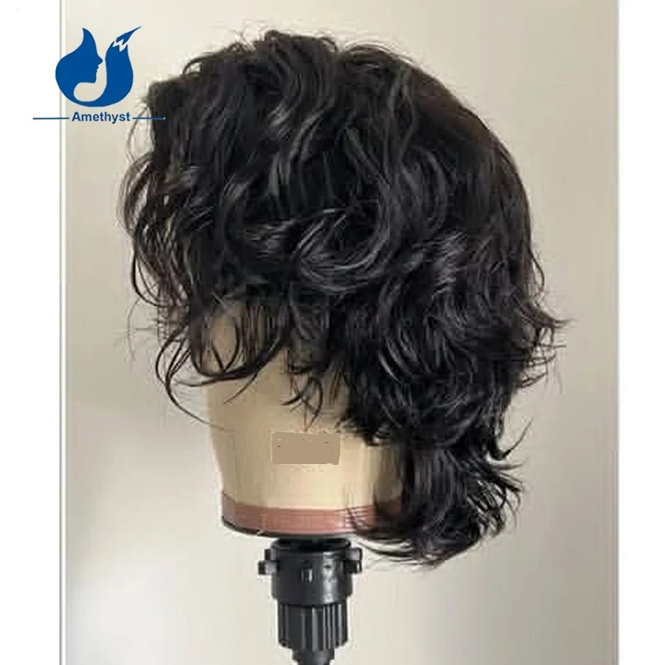 Natural Wavy Men’s Human Hair Wig Short Bob Wolf Cut 13×6 Lace Front Male Wig