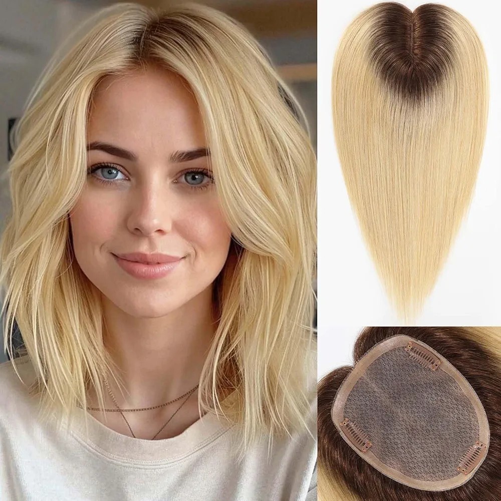 Starluck Ombre Light Blonde Hair Topper, 65g, 6″x5.5″ Large Base, Human Hair