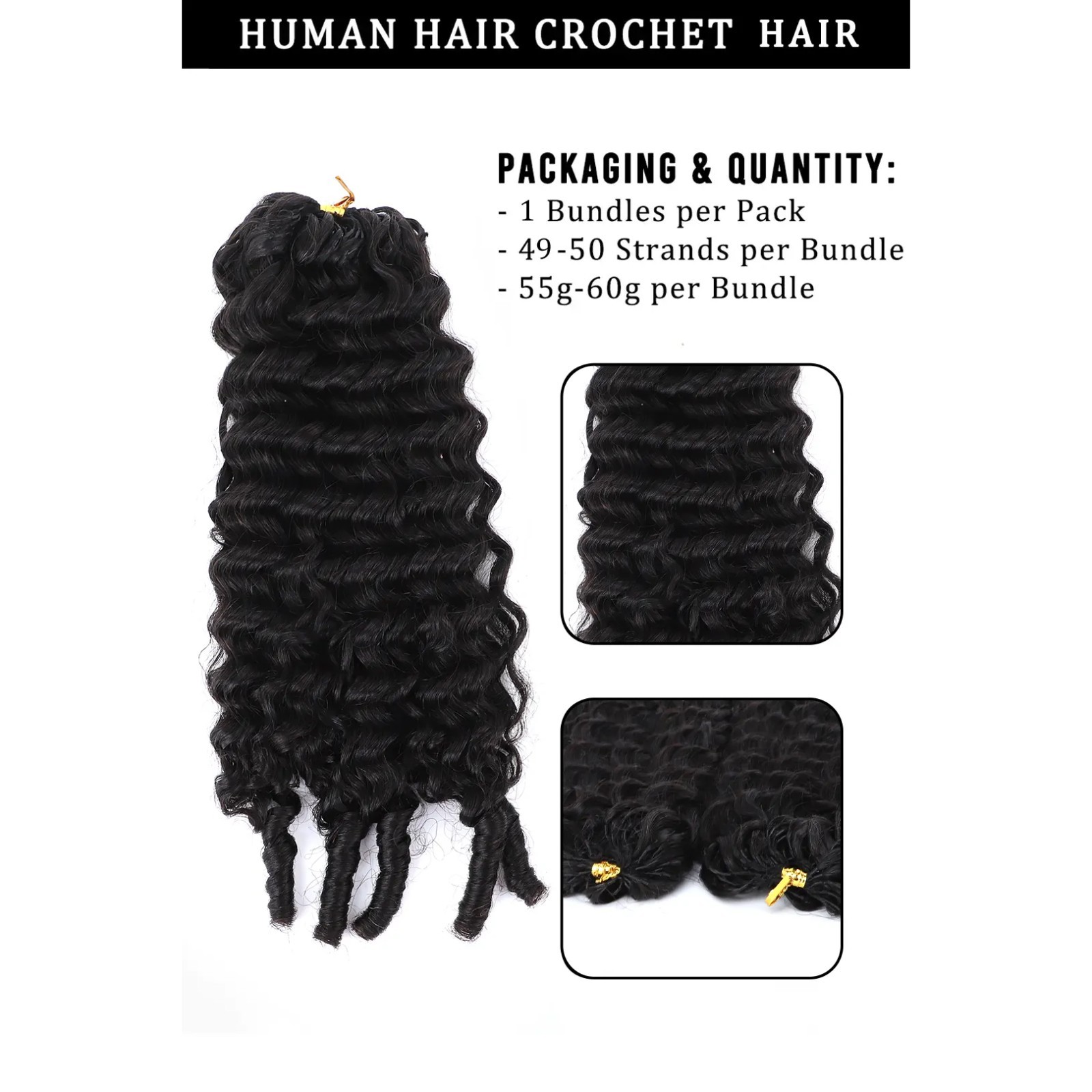 Human Hair Burmese Curly with Spiral Crochet Hair Extensions 50 Strands 1B Black
